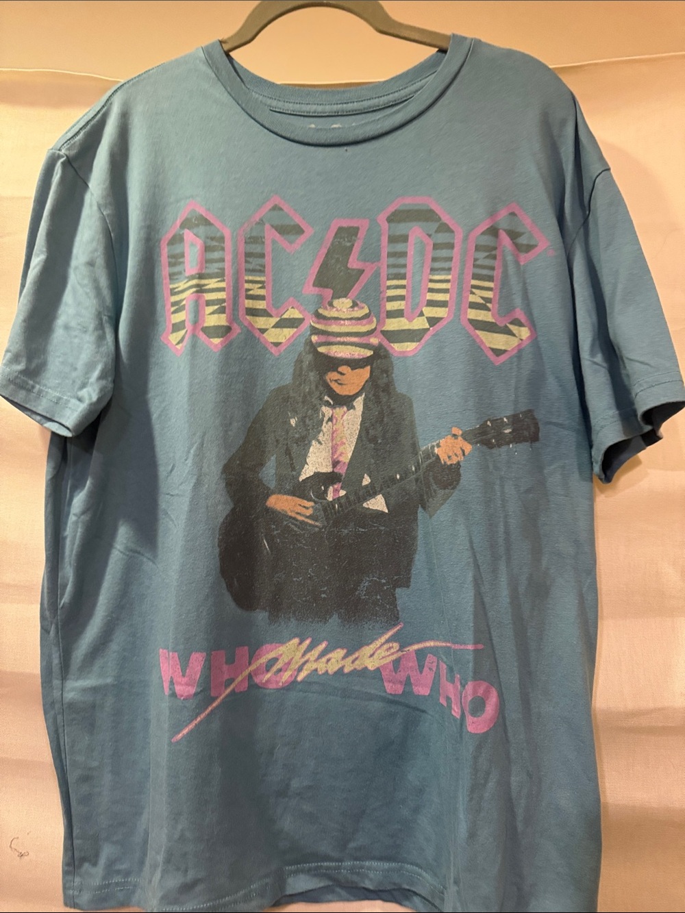 AC/DC Teal Graphic Tee with Pink Logo and Black Musician Print